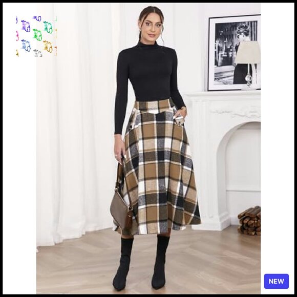 Wool Plaid A-Line Long Skirt High Waisted Classic Fall Winter Chic - Picture 6 of 8